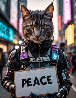 (cat), (cyberpunk outfit:1.2), protest, holding a sign with the text "peace", ((close up:1.1)), high quality photography, 3 point lighting, flash with softbox, 4k, Canon EOS R3, hdr, smooth, sharp focus, high resolution, award winning photo, 80mm, f2.8, bokeh
