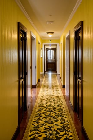 cinematic photo of hotel hallway, yellow wallpaper,Extremely Realistic