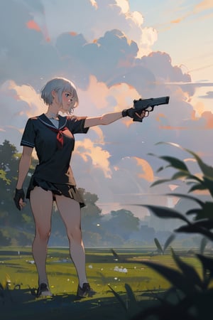 masterpiece, best quality, highres, 1girl. short hair, school shirt, short sleeve, skirt, pistol, holding, standing, outdoor, nature