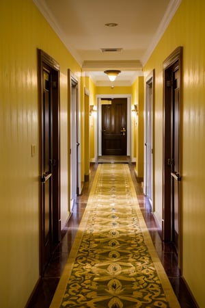 cinematic photo of hotel hallway, yellow wallpaper,Extremely Realistic