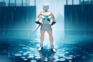 (score_9,score_8_up,score_7_up), 1girl, short hair, single hair bun, black choker, white serafuku, white sailor collar, blue neckerchief, epaulettes, white shirt, long sleeves, pleated skirt, white skirt, bare legs, standing, sword, outside, ground, raining, wet, raindrop, from front