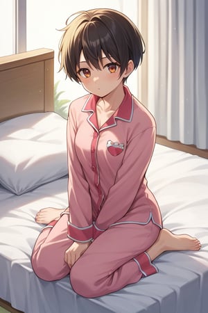 score 9, score 8 up, score 7 up, score 6 up, source anime, 1girl, short hair, pajama outfit, sitting on bed