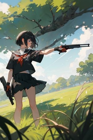 masterpiece, best quality, highres, 1girl. short hair, school shirt, short sleeve, skirt, weapon, pistol, holding, standing, outdoor, nature, grass