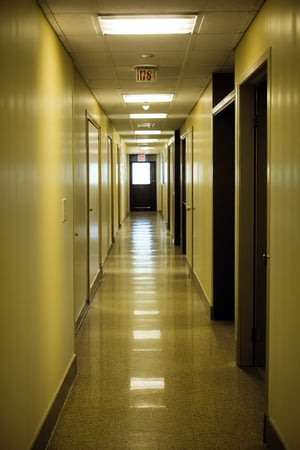 cinematic photo of the hallway, yellow walllpaper, fluorescent light, creepy