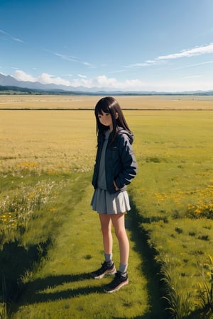 1girl, standing, grass plain