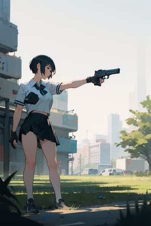 masterpiece, best quality, highres, 1girl. short hair, school shirt, short sleeve, skirt, pistol, holding, standing, outdoor, nature