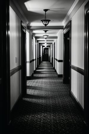 cinematic photo of hotel hallway, creepy