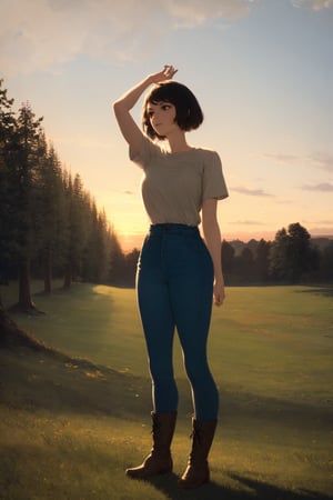 (masterpiece), best quality, 1girl, solo, black hair, short hair, brown eyes, shirt, short sleeve, blue pants, boots, standing, outdoor, grass, trees, sunset, sun, oil painting,classic painting