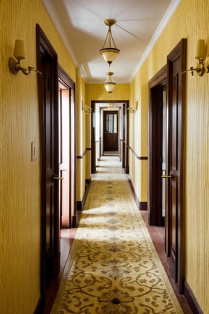 hotel hallway, yellow wallpaper, Extremely Realistic