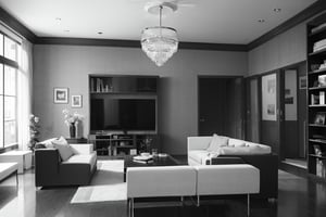 (masterpiece), best quality, living room, medium shot, BlackworkStyleManityro, monochrome