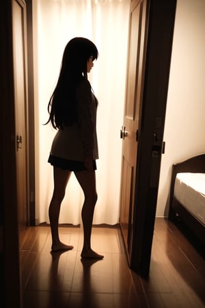 girl, brown hair, long hair, standing, bedroom, cinematic lighting