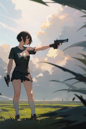 (masterpiece, best quality), highres, 1girl. short hair, school shirt, short sleeve, skirt, pistol, holding, standing, outdoor, nature