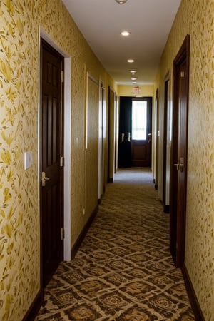 hotel hallway, yellow wallpaper, flash