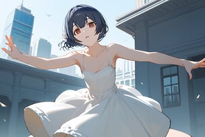 (score_9,score_8_up,score_7_up), 1girl, morino rinze, dark blue hair, single hair bun, red eyes, white dress, sundress, dancing, dynamic pose, outside, city, building, from below