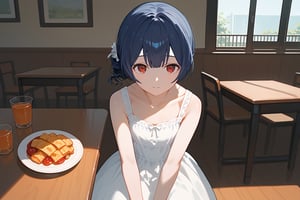 (score_9,score_8_up,score_7_up), 1girl, morino rinze, dark blue hair, single hair bun, red eyes, white dress, sundress,sitting,across table,across table pov,date,date pov,food on table, restaurant, indoor