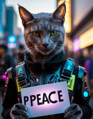 (cat), (cyberpunk outfit:1.2), protest, holding a sign with the text "peace", ((close up:1.1)), high quality photography, 3 point lighting, flash with softbox, 4k, Canon EOS R3, hdr, smooth, sharp focus, high resolution, award winning photo, 80mm, f2.8, bokeh
