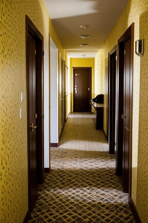hotel hallway, yellow wallpaper, flash