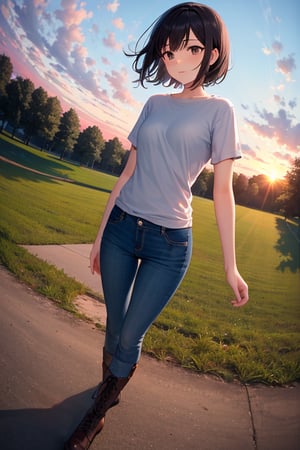 (masterpiece), best quality, 1girl, solo, black hair, short hair, brown eyes, shirt, short sleeve, blue pants, boots, standing, outdoor, grass, trees, sunset, sun, fisheye lens