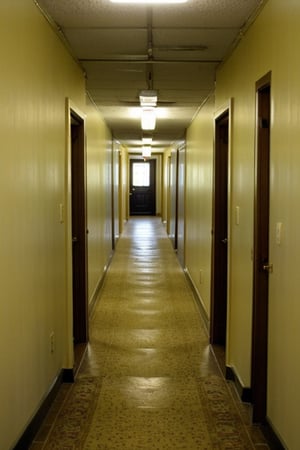 hallway AND basement, yellow walllpaper, fluorescent light, creepy