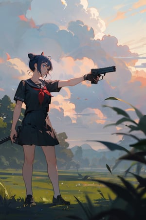 1girl, solo, short hair, skirt, shirt, black hair, red eyes, holding, school uniform, blue hair, standing, full body, weapon, short sleeves, outdoors, sky, shoes, serafuku, day, cloud, black skirt, sailor collar, hair bun, black footwear, holding weapon, neckerchief, gun, black shirt, single hair bun, cloudy sky, grass, holding gun, red neckerchief, handgun, black sailor collar, black serafuku, morino rinze