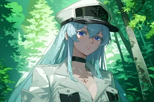 (score_9,score_8_up,score_7_up), 1girl, solo, mature female, aldult, Esdeath, upper body, standing, outdoors, nature, trees, oshi_no_ko_style