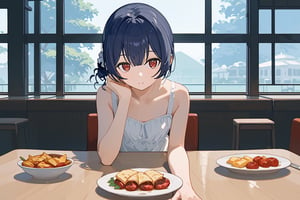 (score_9,score_8_up,score_7_up), 1girl, morino rinze, dark blue hair, single hair bun, red eyes, white dress, sundress,sitting,across table,across table pov,date,date pov,food on table, restaurant, indoor