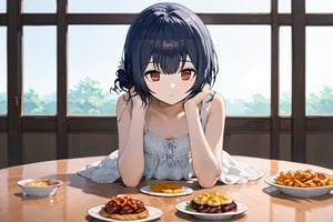 (score_9,score_8_up,score_7_up), 1girl, morino rinze, dark blue hair, single hair bun, red eyes, white dress, sundress,sitting,across table,across table pov,date,date pov,food on table