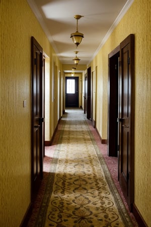 hotel hallway, yellow wallpaper, flash
