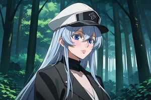 (score_9,score_8_up,score_7_up), 1girl, solo, mature female, aldult, Esdeath, upper body, standing, outdoors, nature, trees, oshi_no_ko_style