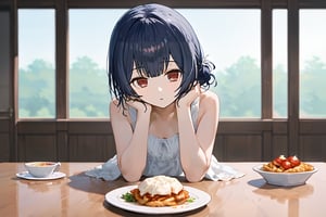 (score_9,score_8_up,score_7_up), Anime, 1girl, morino rinze, dark blue hair, single hair bun, red eyes, white dress, sundress,sitting,across table,across table pov,date,date pov,food on table