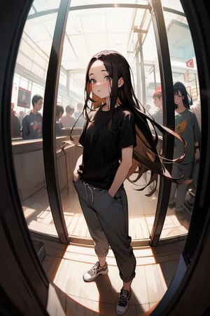masterpiece, best quality, 1woman, solo, mature, black hair, long hair, straight hair, forehead, brown eyes, shirt, short sleeve, pants, shoes, standing, outside, [fisheye lens:: 15], girl
