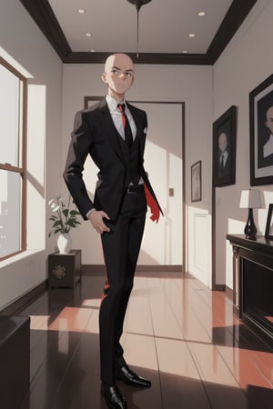 1boy, mature male, slim, bald, forehead, black jacket, red necktie, white shirt, black skinny pants, formal shoes, standing, living room, indoor, [fisheye lens:: 1], from front, [2D: 11], masterpiece, best quality, absurdres, very aesthetic, newest, General,monochrome,sketch