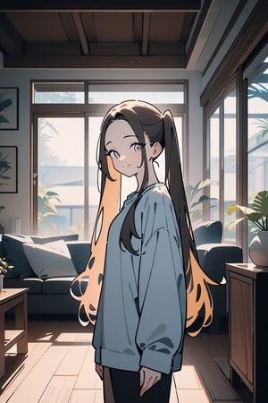 1girl, long hair, white eyes, smile, twintails, straight hair, forehead, standing, living room, indoor, [fisheye lens:: 1], from front, [2D: 11], [flat colors: 7], masterpiece, best quality, absurdres, very aesthetic, newest, General