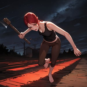 1girl, mature female, forehead, red hair, short hair, black tank top, brown pants, axe, running, hair motion, movement, outdoor, nature, night sky, dark, masterpiece, best quality, absurdres
