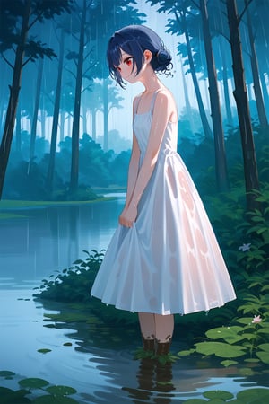 (score_9,score_8_up,score_7_up), wlop, 1girl, morino rinze, dark blue hair, single hair bun, red eyes, white dress, sundress, skirt hold bowing, outdoor, tress, river, forest, rainy, wet, mud