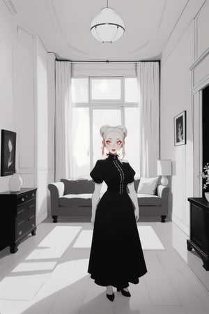 1girl, mature woman, white hair, double bun, forehead, red eyes, smile, standing, living room, indoor, [fisheye lens:: 1], from front, [2D: 11], masterpiece, best quality, absurdres, very aesthetic, newest, General,monochrome