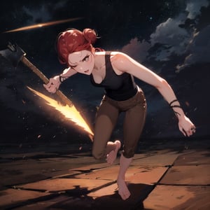 1girl, mature female, forehead, red hair, side bun, black tank top, brown pants, axe, motion, movement, outdoor, night sky, dark, masterpiece, best quality, absurdres