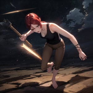 1girl, mature female, forehead, red hair, short hair, black tank top, brown pants, axe, motion, movement, outdoor, nature, night sky, dark, masterpiece, best quality, absurdres