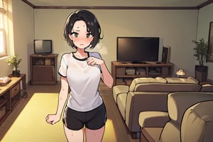 (masterpiece), best quality, 1girl, solo, black hair, short hair, forehead, shirt, short sleeve, sweat shorts, standing, living room, wide shot
