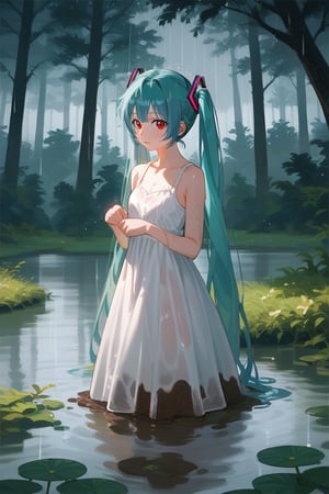 (score_9,score_8_up,score_7_up), wlop, 1girl, hatsune miku, white dress, sundress, skirt hold bowing, outdoor, tress, river, forest, rainy, wet, mud