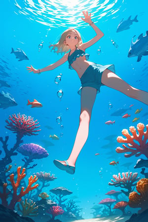 score_9, score_8_up, score_7_up, source_anime, rating_safe, 1girl, from below, swiming, outdoors, underwater city, bioluminescent, coral reefs, glass domes