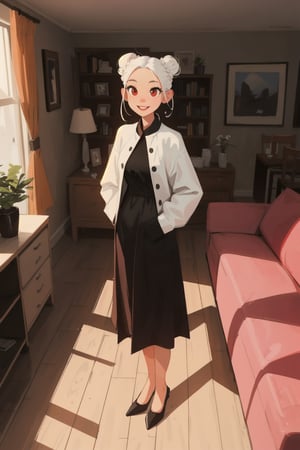 1girl, mature woman, white hair, double bun, forehead, red eyes, smile, standing, living room, indoor, [fisheye lens:: 1], from front, [2D: 11], [flat colors: 17], masterpiece, best quality, absurdres, very aesthetic, newest, General,SAM YANG