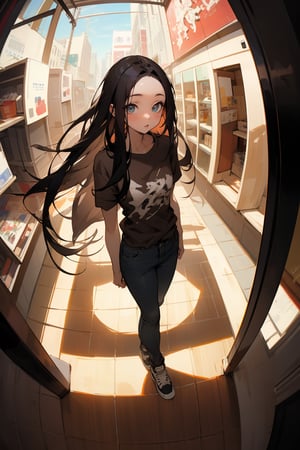 masterpiece, best quality, 1woman, solo, mature, black hair, long hair, straight hair, forehead, brown eyes, shirt, short sleeve, pants, shoes, standing, outside, [fisheye lens:: 9], girl
