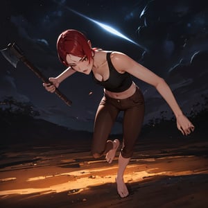 1girl, mature female, forehead, red hair, short hair, black tank top, brown pants, axe, motion, movement, outdoor, nature, night sky, dark, masterpiece, best quality, absurdres