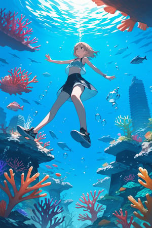 score_9, score_8_up, score_7_up, source_anime, rating_safe, 1girl, from below, swiming, outdoors, underwater, city, bioluminescent, coral reefs, glass domes