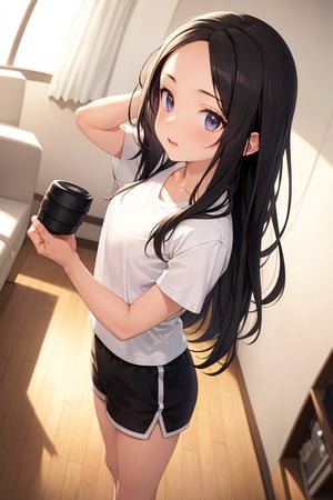 (masterpiece), best quality, 1girl, black hair, long hair, forehead, shirt, short sleeve, sweat shorts, standing, living room, [fisheye lens:: 3]