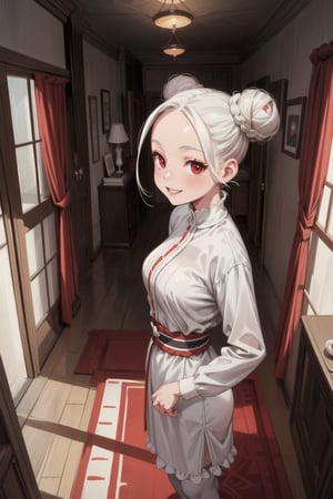 1girl, mature woman, white hair, double bun, forehead, red eyes, smile, standing, living room, indoor, [fisheye lens:: 1], from front, [2D: 11], [flat colors: 17], masterpiece, best quality, absurdres, very aesthetic, newest, General