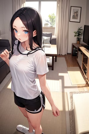 (masterpiece), best quality, 1girl, black hair, long hair, forehead, shirt, short sleeve, sweat shorts, standing, living room