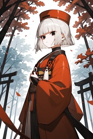 score_9, score_8_up, score_7_up, source_anime, year 2023, rating_safe, 1girl, from below, standing, pale skin, short hair, grey hair, black eyes, bob cut, japanese clothes, kimono, red kimono, sash, long sleeves, wide sleeves, bridal gauntlets, hat, outdoors