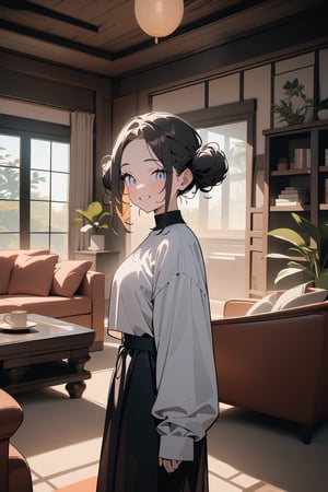 1girl, white eyes, smile, double bun, forehead, standing, living room, indoor, [fisheye lens:: 1], from front, [2D: 11], [flat colors: 17], masterpiece, best quality, absurdres, very aesthetic, newest, General